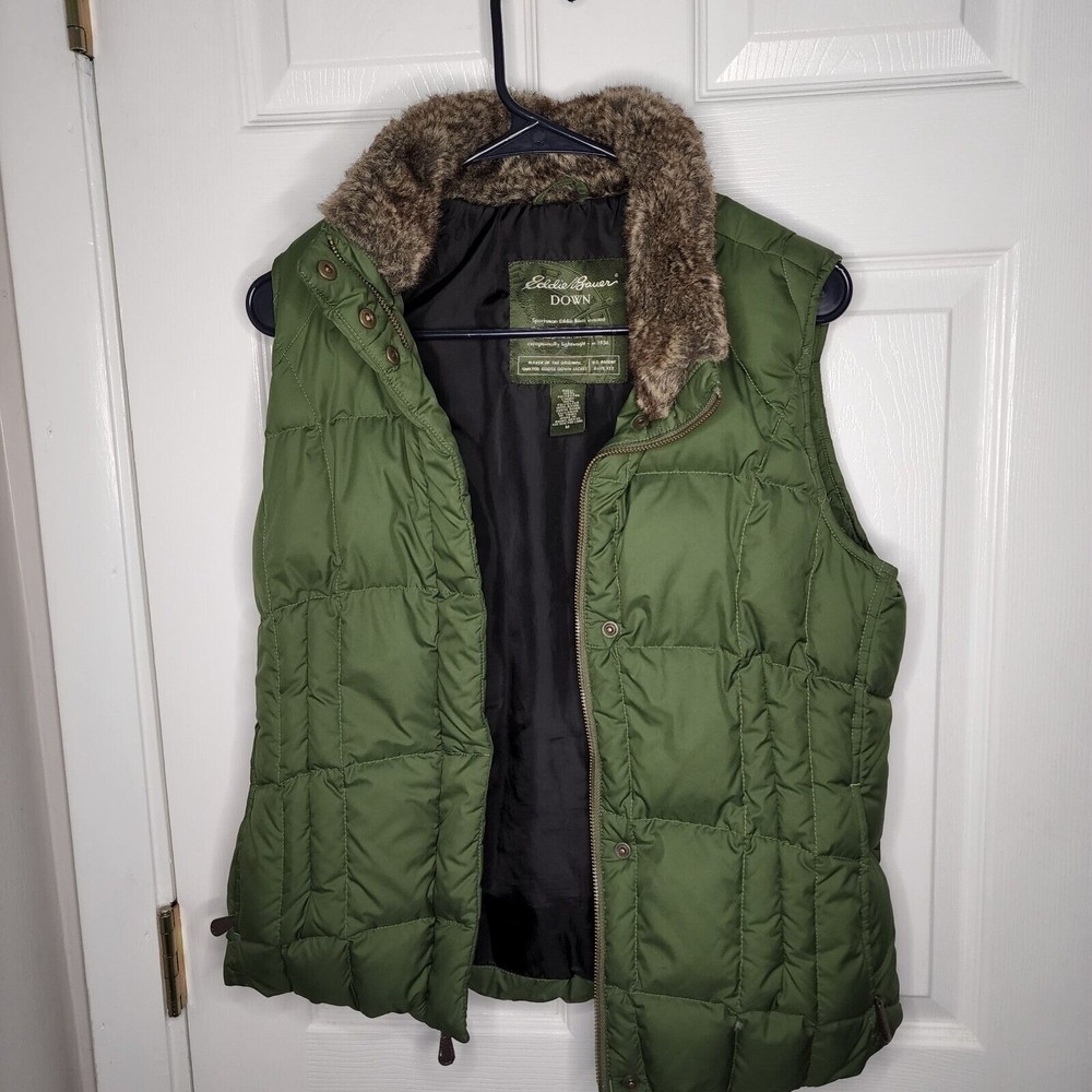 Eddie Bauer Olive Green Quilted Down Vest with Faux Fur Collar